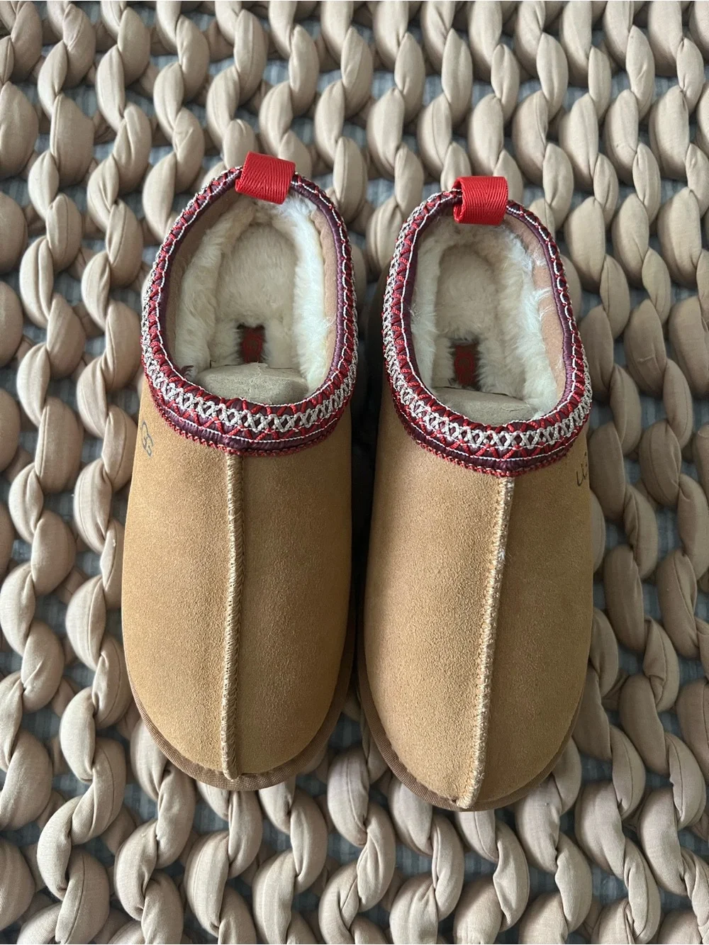 UGG Chestnut Mule Slippers with Red Trim - Picture 2 of 6